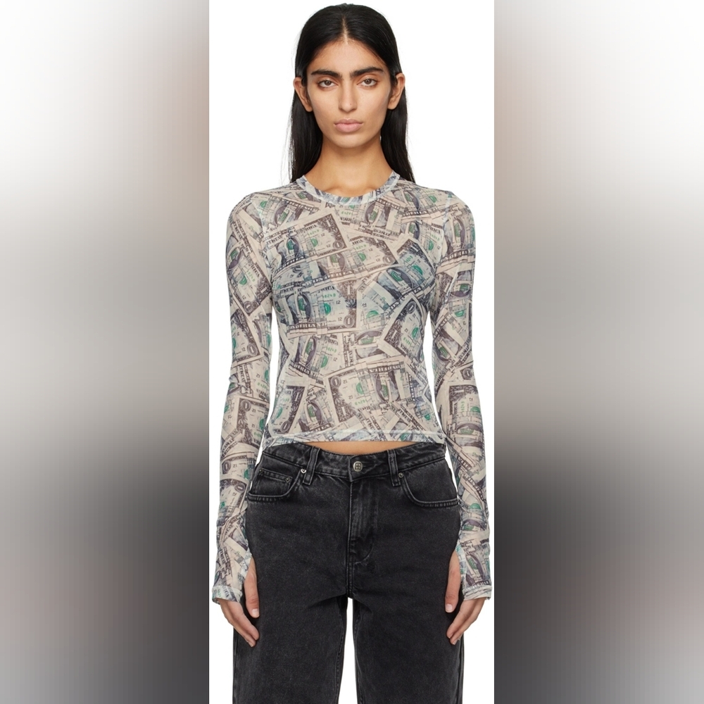KSUBI | Paper Money Allover Graphic Long Sleeve Tee Thumbholes Sheer Top XS